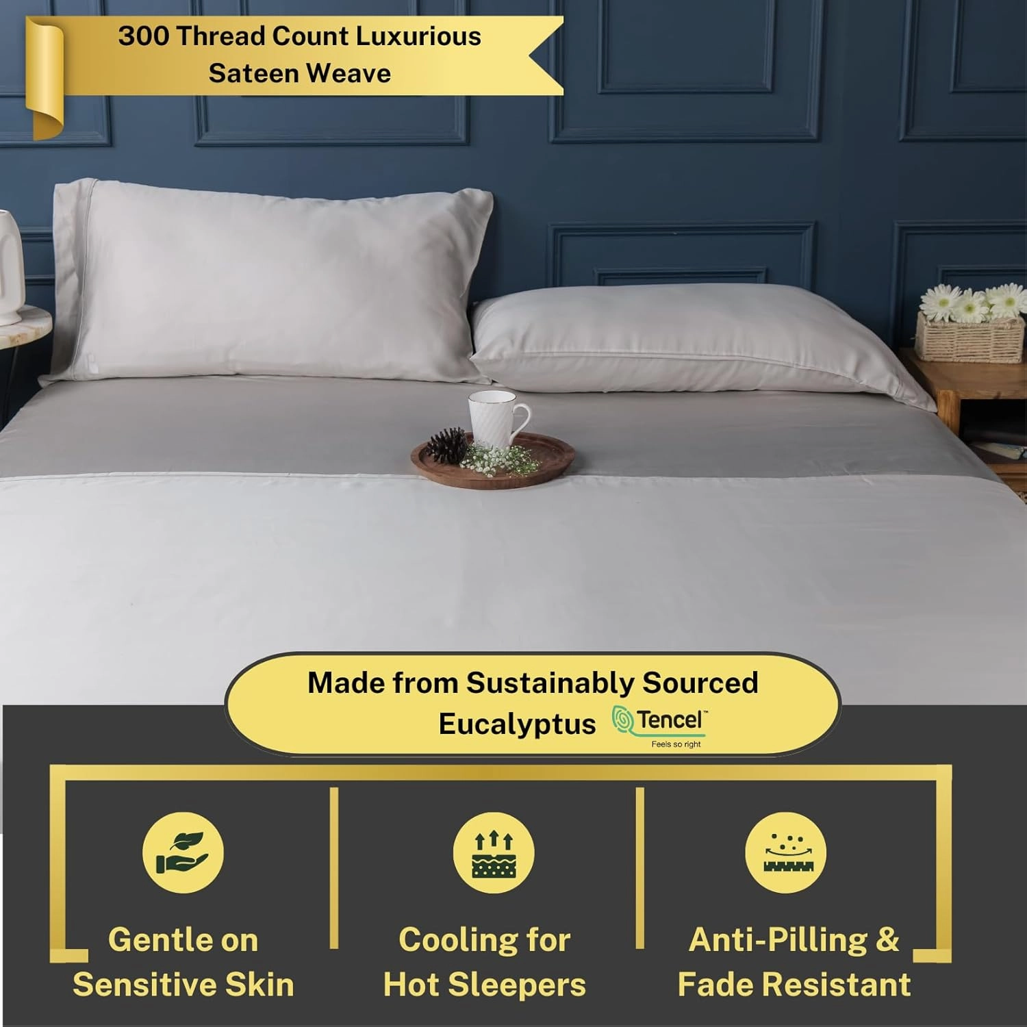 100% Austrian Eucalyptus California King Sheets,18 Inch Deep Pocket California King Sheets,Cooling with Elastic Corner Straps,Eucalyptus Tencel Lyocell (Cool Grey, 4PC Cali-King)