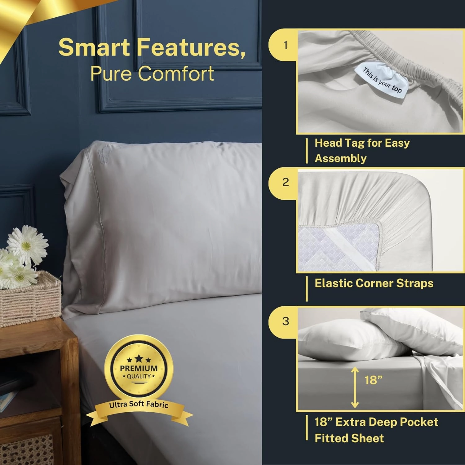 100% Austrian Eucalyptus California King Sheets,18 Inch Deep Pocket California King Sheets,Cooling with Elastic Corner Straps,Eucalyptus Tencel Lyocell (Cool Grey, 4PC Cali-King)