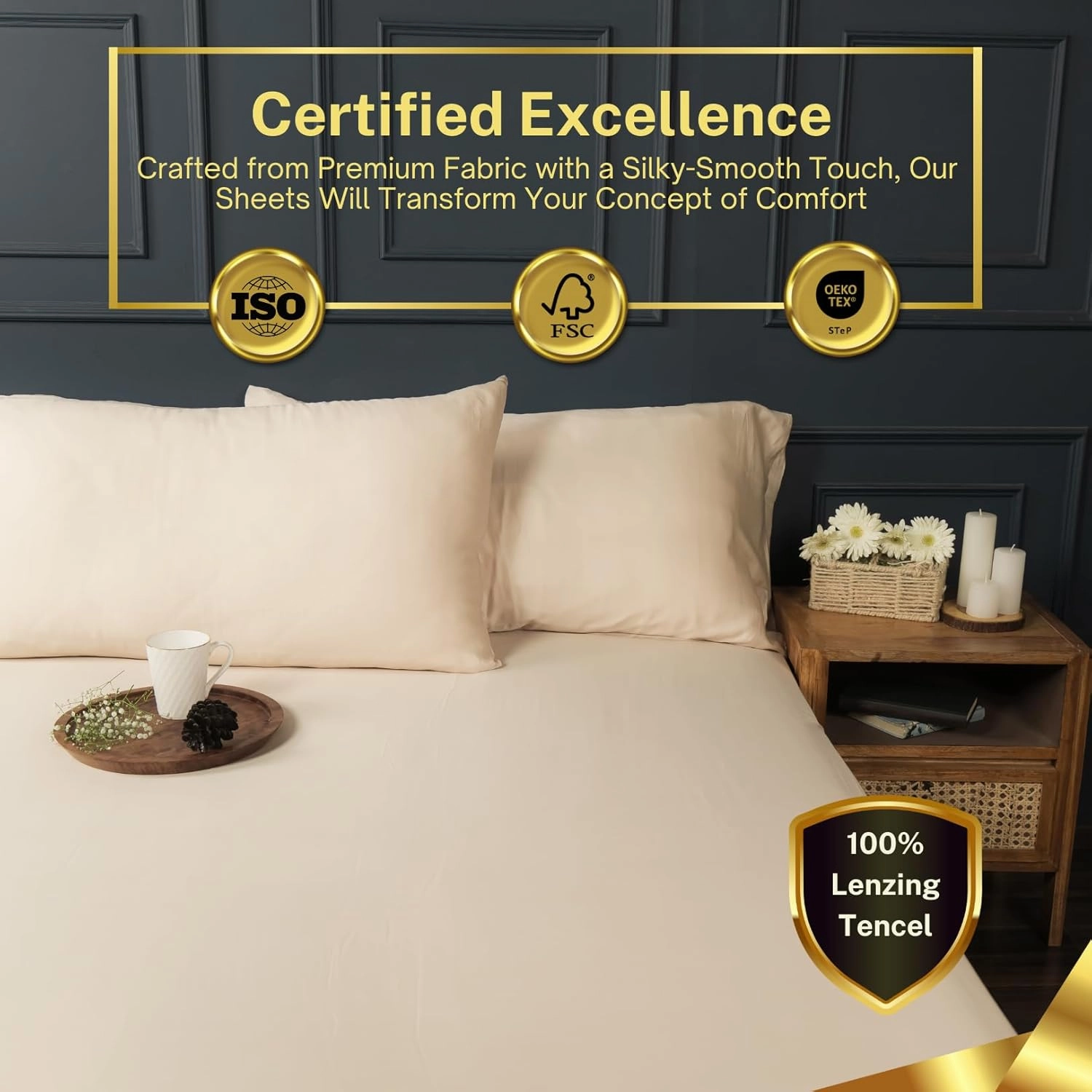 100% Austrian Eucalyptus California King Sheets,18 Inch Deep Pocket California King Sheets, Cooling with Elastic Corner Straps, Silk Tencel Lyocell (Pearled Ivory, 4PC Cali-King)