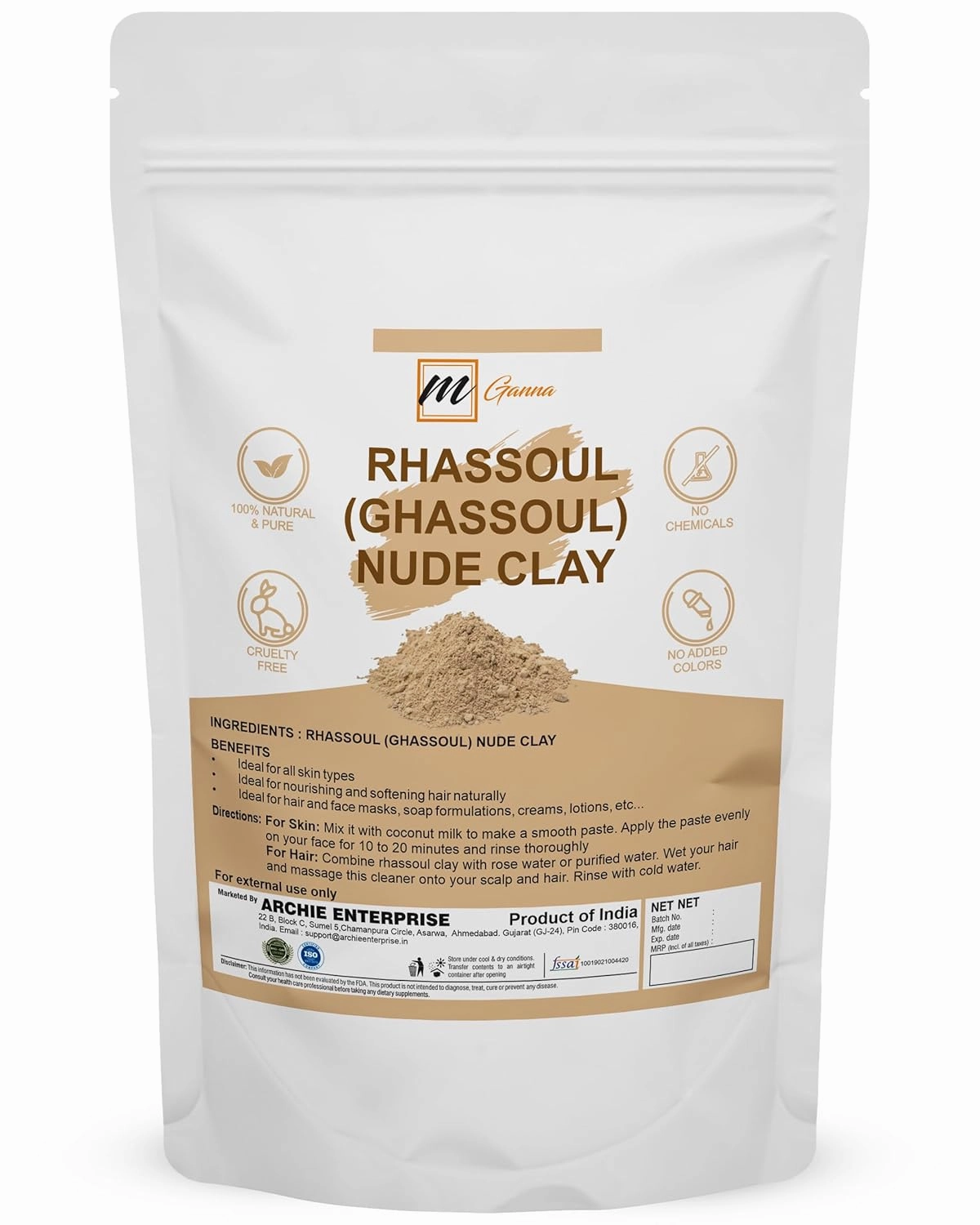 100% Natural Moroccan Rhassoul Clay Powder/Nude/Ghassoul Lava Clay Powder for Hair Masks, Creams, Face Masks, Scrubs and Soap Making 908 GMS / 2 LBS