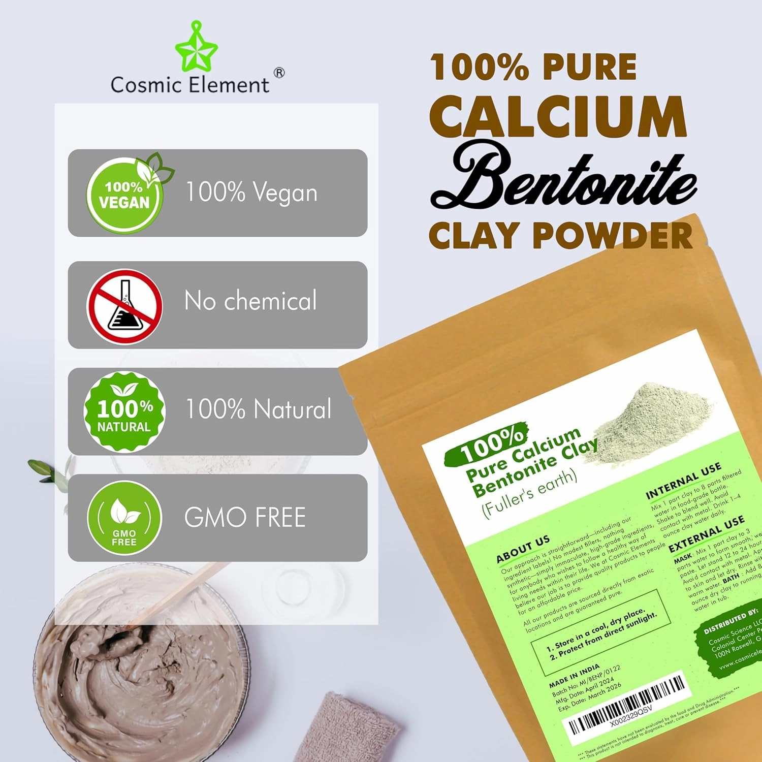 100% Pure Calcium Bentonite Clay Powder - Bentonite Clay Food Grade, Vegan, Healing Clay | Skin Care Detox - Deep Pore Cleansing Face & Body Mask for Soft, Smooth, Refreshed Skin | 12oz
