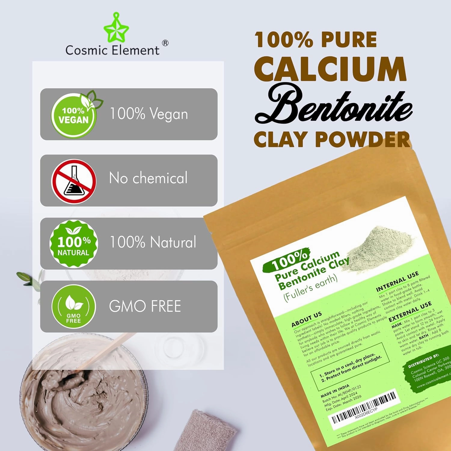 100% Pure Calcium Bentonite Clay Powder - Bentonite Clay Food Grade, Vegan, Healing Clay | Skin Care Detox - Deep Pore Cleansing Face & Body Mask for Soft, Smooth, Refreshed Skin | 16oz
