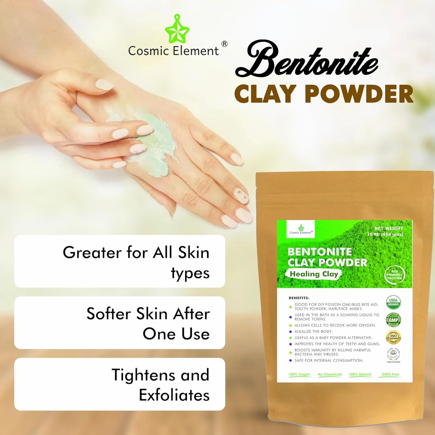 100% Pure Calcium Bentonite Clay Powder - Bentonite Clay Food Grade, Vegan, Healing Clay | Skin Care Detox - Deep Pore Cleansing Face & Body Mask for Soft, Smooth, Refreshed Skin | 16oz
