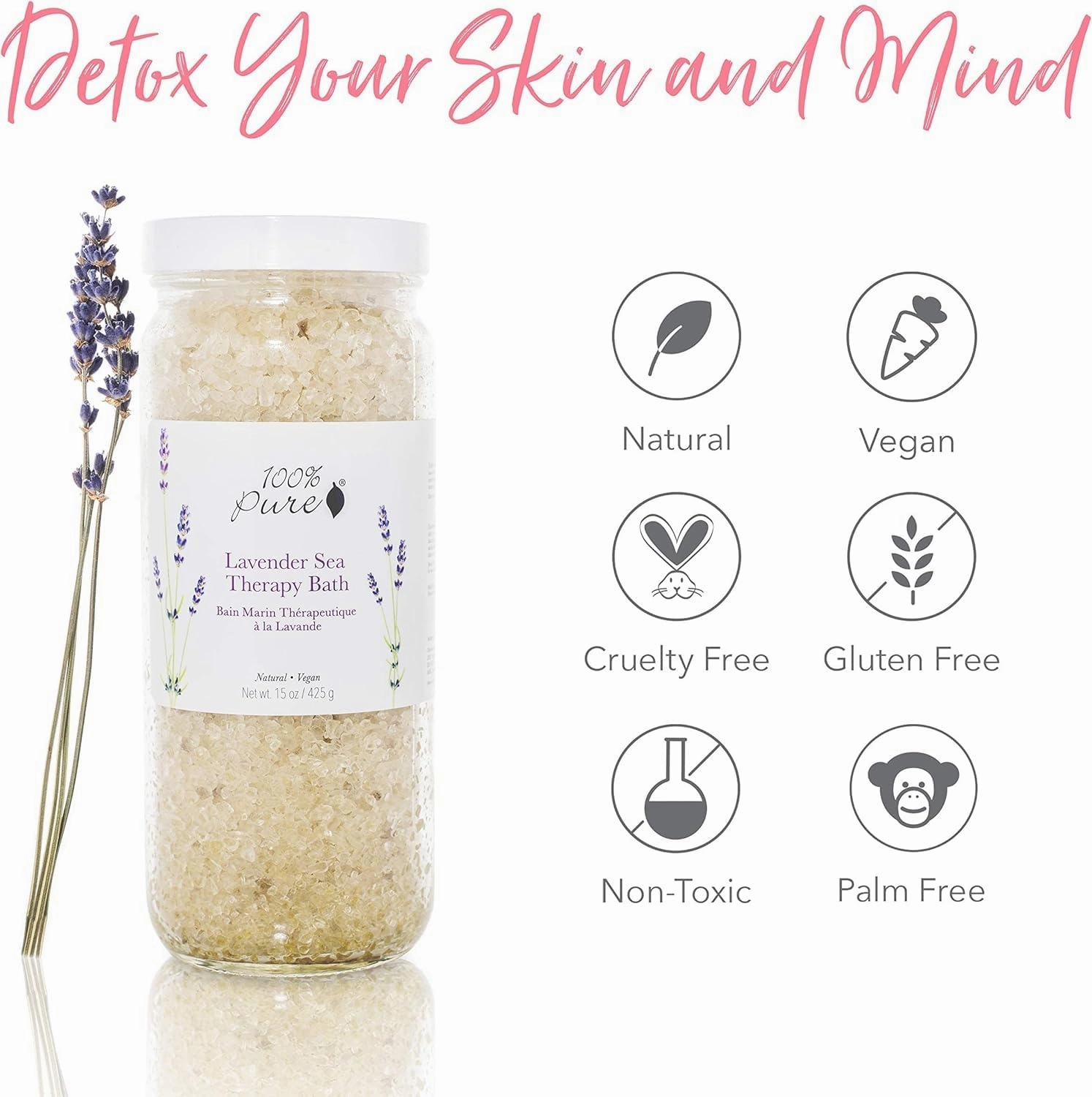 100% PURE Lavender Sea Therapy Bath Soak, Bath Salts for Relaxation, Made with Lavender Essential Oil, Spa Kit for Home, Bath Soak with Essential Oils - 15 Oz