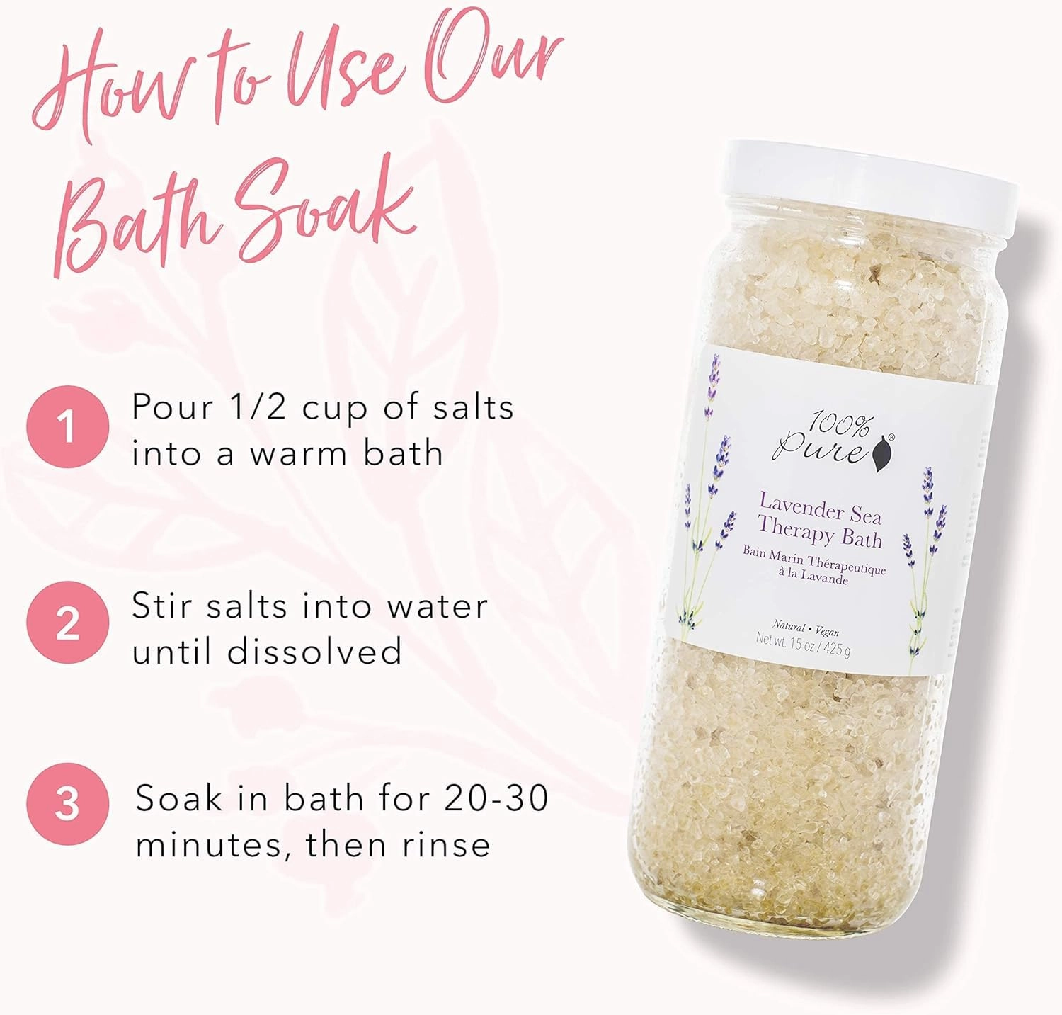 100% PURE Lavender Sea Therapy Bath Soak, Bath Salts for Relaxation, Made with Lavender Essential Oil, Spa Kit for Home, Bath Soak with Essential Oils - 15 Oz