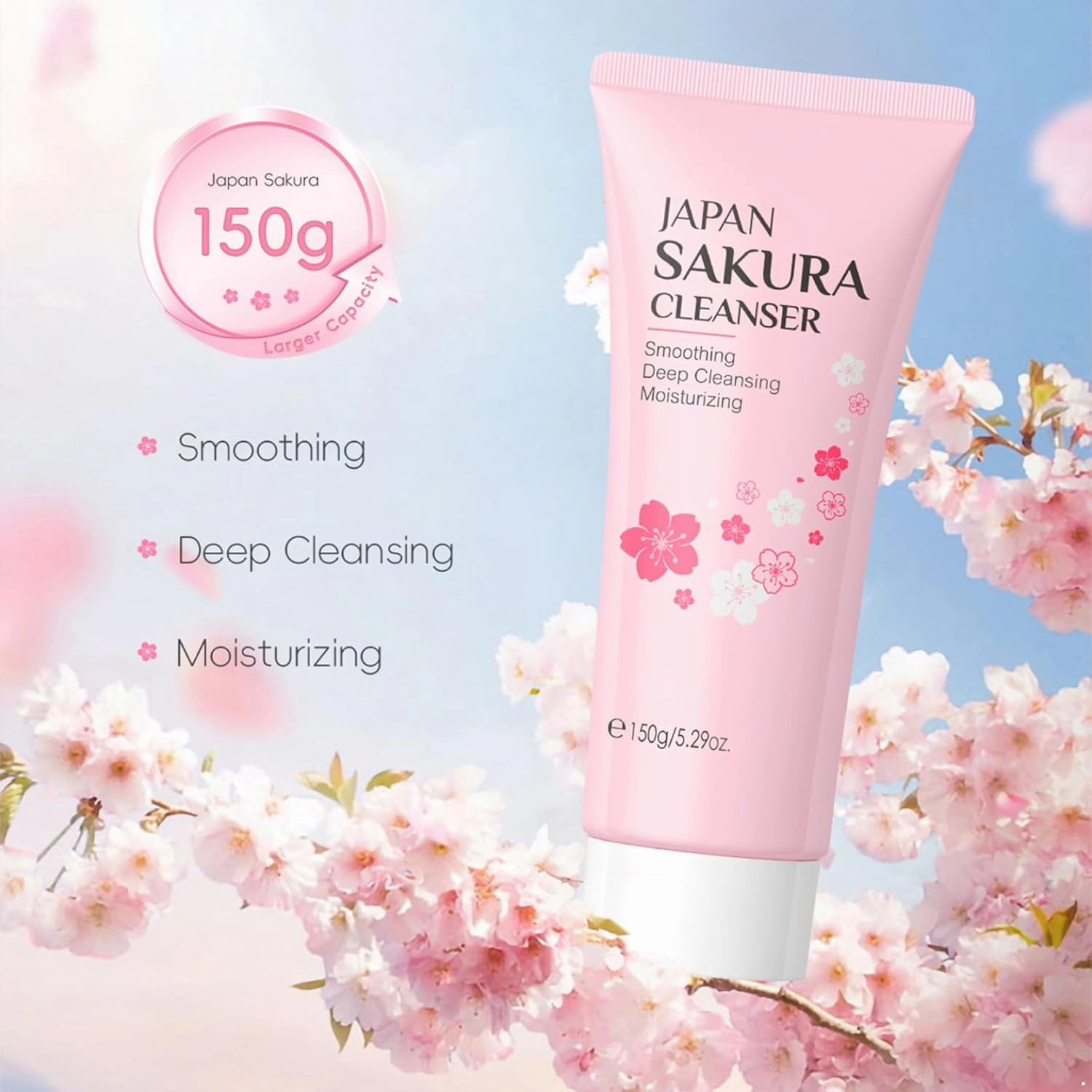 150g Cherry Blossom Hydrating Facial Cleanser for Women Girls Gentle Foaming Face Wash Daily Skincare Moisturizing Cleansing Non Drying Pink One Size