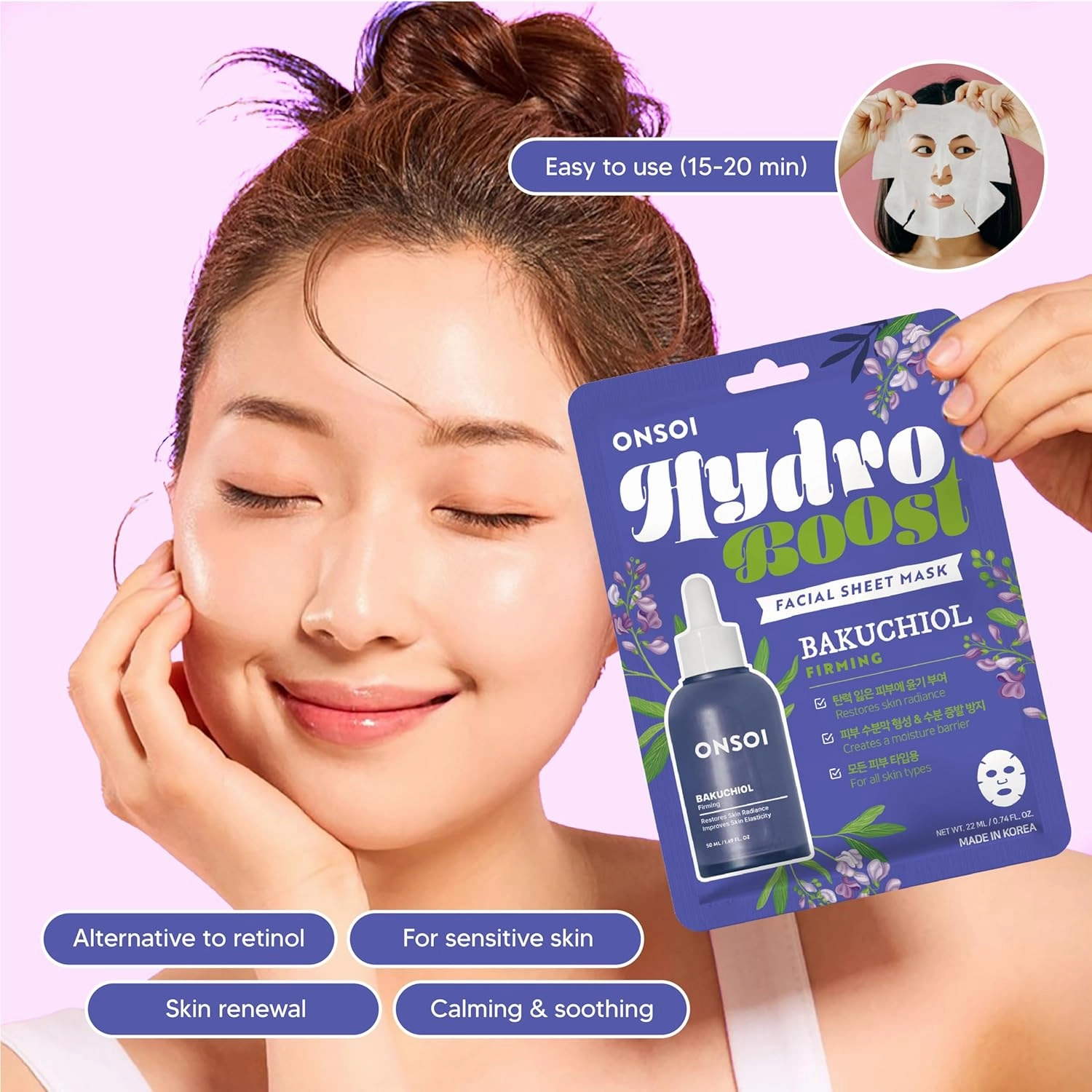 24PK ONSOI Hydro Boost Nourishing Face Masks Skincare Korean Skin Care Facial Sheet Mask (24, 24PK Bakuchiol)