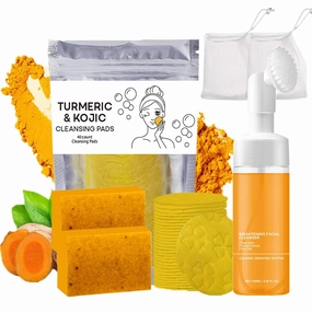 4Pcs Turmeric Wash and Care Set, Tuemeric Facial Cleanser, Turmeric Cleansing Exfoliating Pads & Soap Combo, Cleansing Mousse Face Wash and Soap Bundle for Face & Body