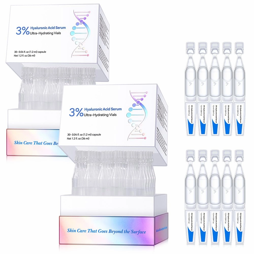 60PCS Hyaluronic Acid Serum Tubes 3 Percent,3% Hyaluronic Acid Moisturizer for Face & acne & scars,Ultra-Hydrating,Single Use,Intensive Moisturizing, Skin Tightening, Emergency Repair, Anti-Aging,72ML