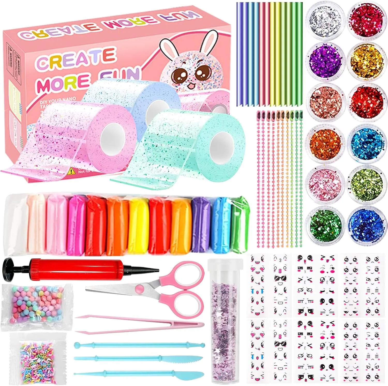 62 Pcs Double Sided Tape Bubble Kit, Elastic Adhesive Tape Bubbles, Handmade DIY Anxiety Relief Stress Balls Toys for Boys Girls, Kids Crafts Party Favors with Glitter Decorative Supplies