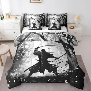 7-Piece Samurai Print Bedding Twin Size Black and Grey Comforter Set, Japanese Style Bedding Comforter Sets Oriental Asian Karate Kungfu Bed in a Bag for Boys Men, Eastern Culture Bedding Accessories