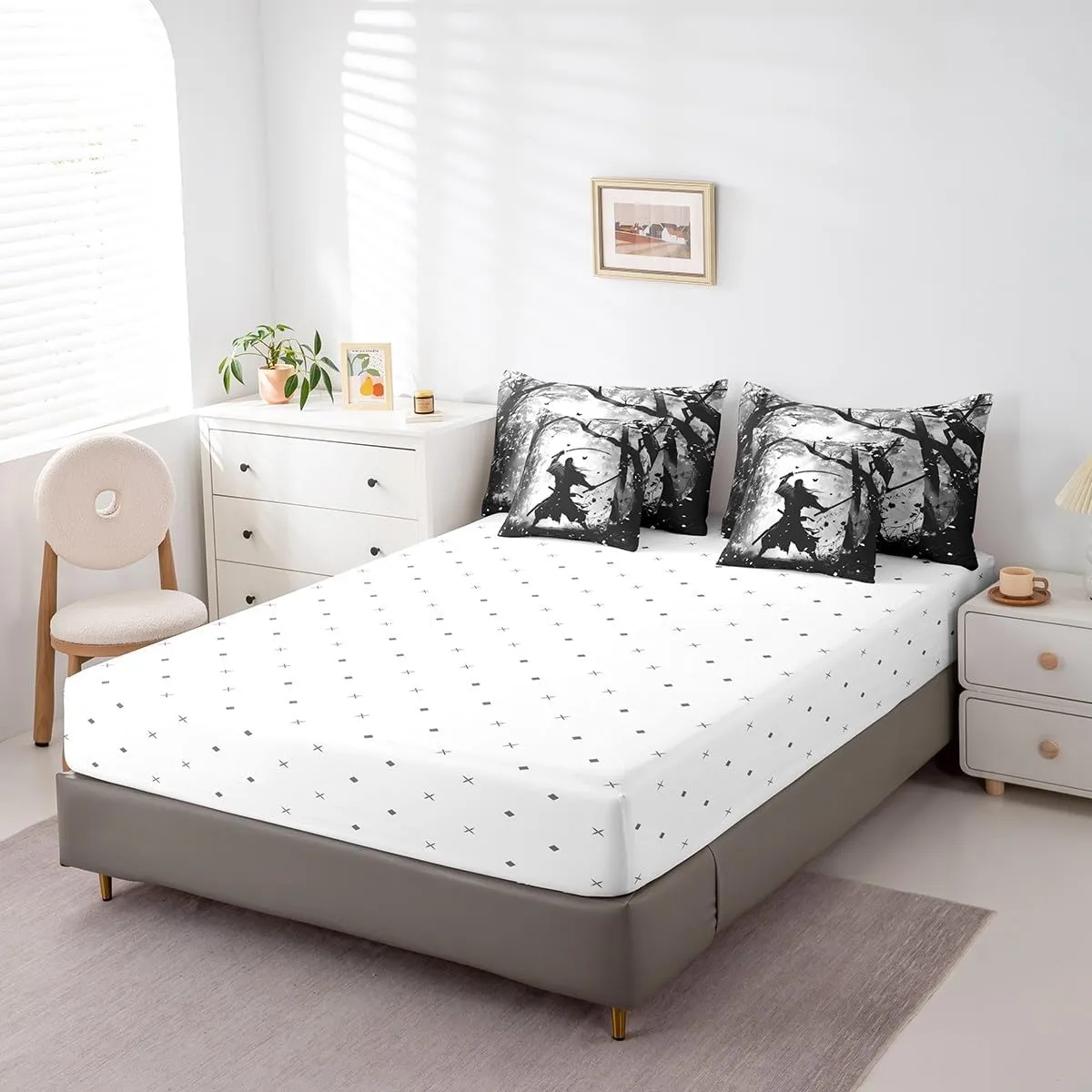 7-Piece Samurai Print Bedding Twin Size Black and Grey Comforter Set, Japanese Style Bedding Comforter Sets Oriental Asian Karate Kungfu Bed in a Bag for Boys Men, Eastern Culture Bedding Accessories