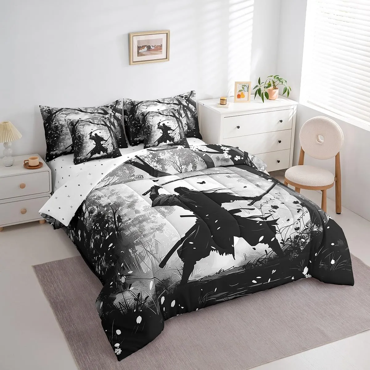 7-Piece Samurai Print Bedding Twin Size Black and Grey Comforter Set, Japanese Style Bedding Comforter Sets Oriental Asian Karate Kungfu Bed in a Bag for Boys Men, Eastern Culture Bedding Accessories