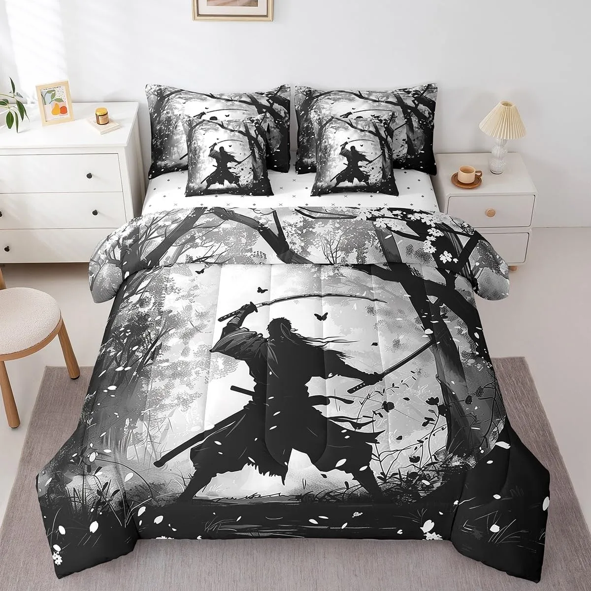 7-Piece Samurai Print Bedding Twin Size Black and Grey Comforter Set, Japanese Style Bedding Comforter Sets Oriental Asian Karate Kungfu Bed in a Bag for Boys Men, Eastern Culture Bedding Accessories