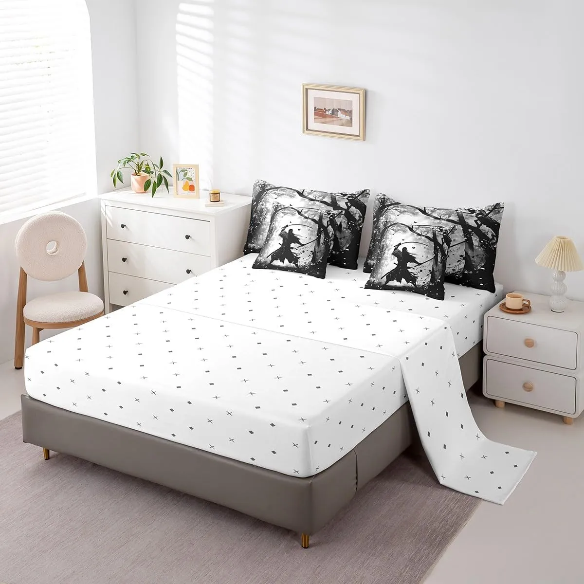 7-Piece Samurai Print Bedding Twin Size Black and Grey Comforter Set, Japanese Style Bedding Comforter Sets Oriental Asian Karate Kungfu Bed in a Bag for Boys Men, Eastern Culture Bedding Accessories