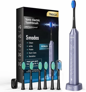 7MAGIC Sonic Electric Toothbrush, Rechargeable Toothbrush with 3 Intensity Levels & 5 Modes, Fast Charging Last 60 Days, 2-Min Smart Timer, Light Blue