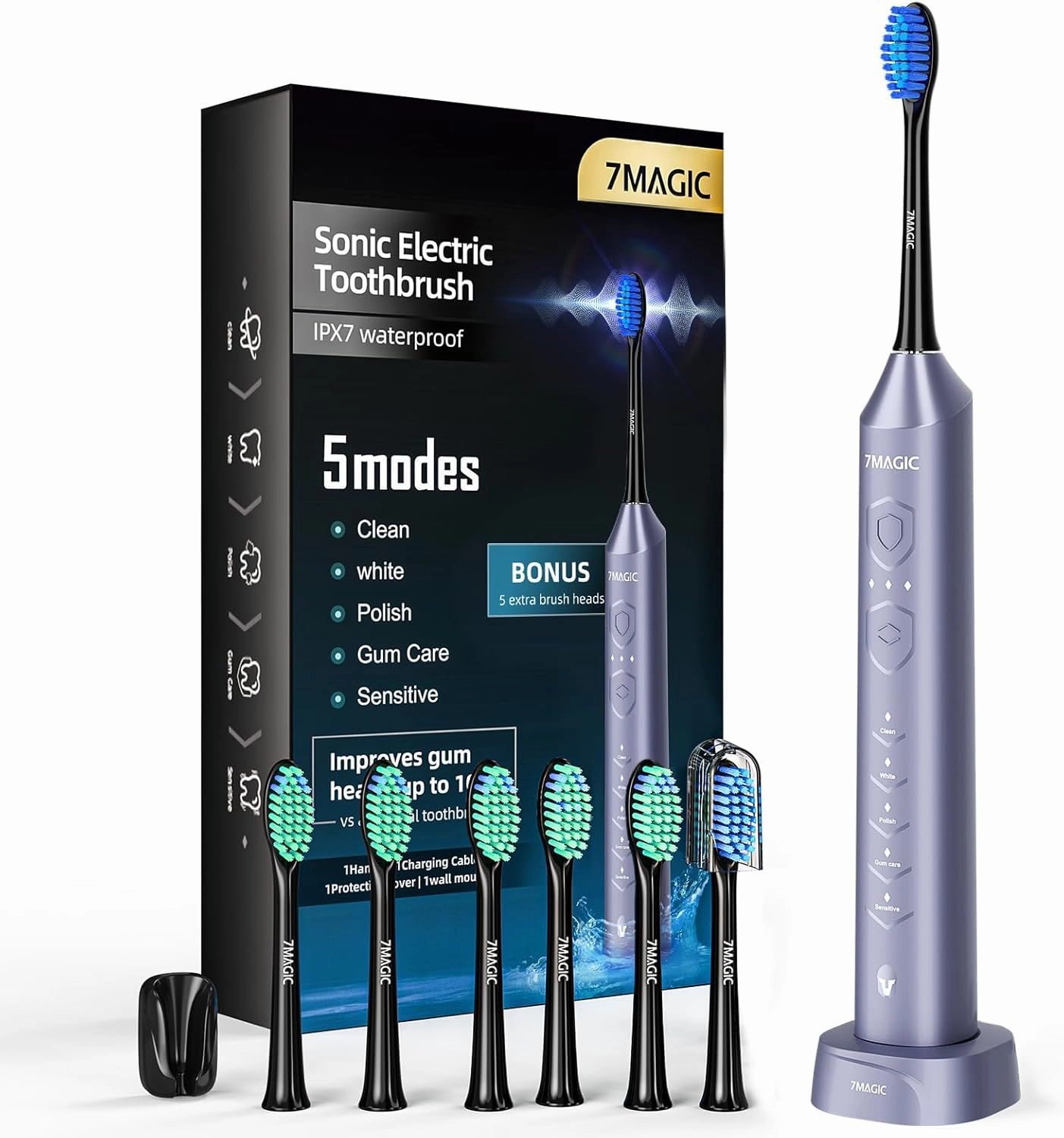 7MAGIC Sonic Electric Toothbrush, Rechargeable Toothbrush with 3 Intensity Levels & 5 Modes, Fast Charging Last 60 Days, 2-Min Smart Timer, Light Blue