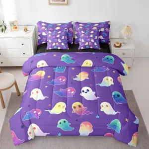 7pcs Cute Spooky Animal Bedding Queen Size Colorful Neon Ghost Comforter Set for Kids Boys Girls, Western Festival Bedding Comforter Sets Psychedelic Stars Bed in a Bag, Indigo Halloween Theme Bedding