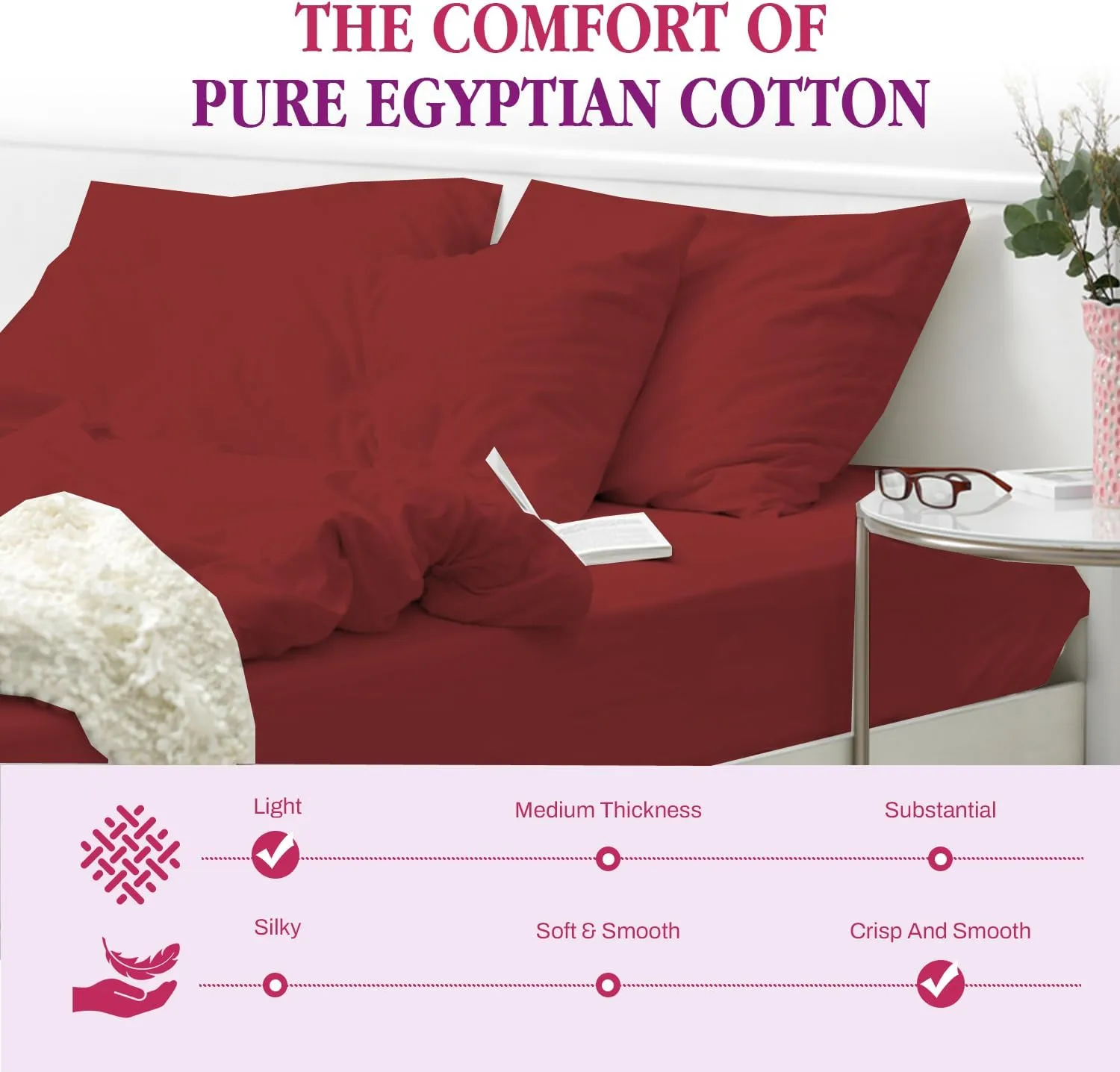 800 Thread Count Egyptian Cotton Fitted Sheet Queen Size - Deep Pocket 18" Soft Bottom Sheet, Extra Deep Pocket - Burgundy