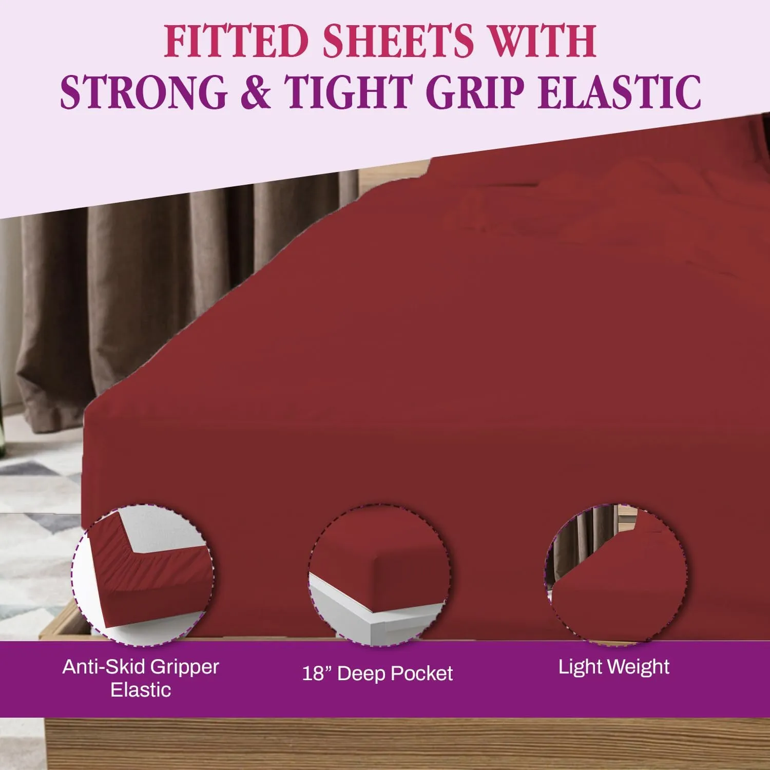 800 Thread Count Egyptian Cotton Fitted Sheet Queen Size - Deep Pocket 18" Soft Bottom Sheet, Extra Deep Pocket - Burgundy