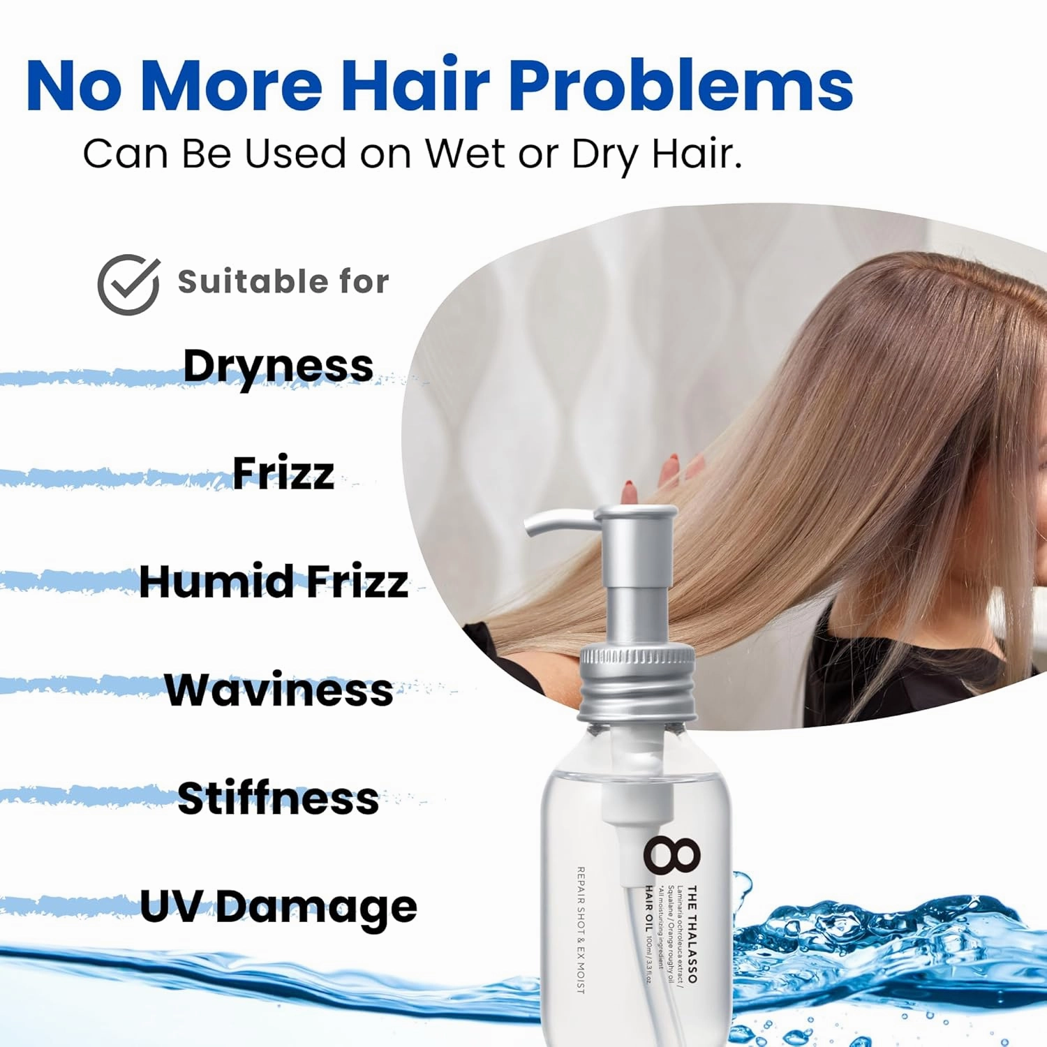 8 THE THALASSO Damage Repair Hair Treatment Oil for Dry Hair Women & Men, Anti Frizz Hair Serum Travel Size with Stem Cells & Argan Oil, Hair Care from Japan, Sulfate & Paraben Free, MOIST, 3.38 Fl Oz