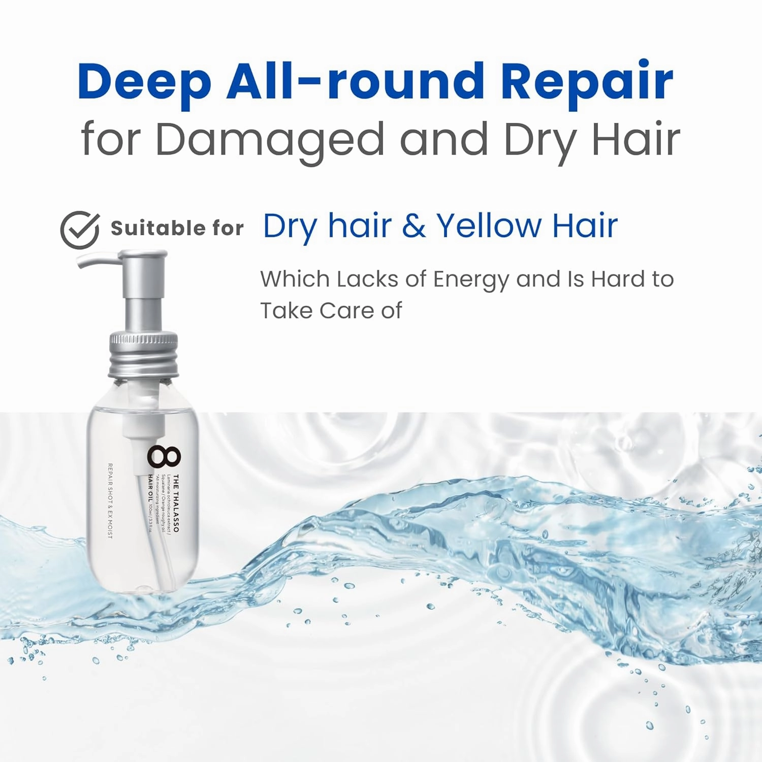 8 THE THALASSO Damage Repair Hair Treatment Oil for Dry Hair Women & Men, Anti Frizz Hair Serum Travel Size with Stem Cells & Argan Oil, Hair Care from Japan, Sulfate & Paraben Free, MOIST, 3.38 Fl Oz