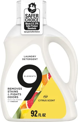 9 Elements Natural Laundry Detergent Liquid Soap, Citrus Scent, Vinegar Powered, 92 Fl Oz, 1 Count, Laundry Detergent Liquid, Washing Detergent