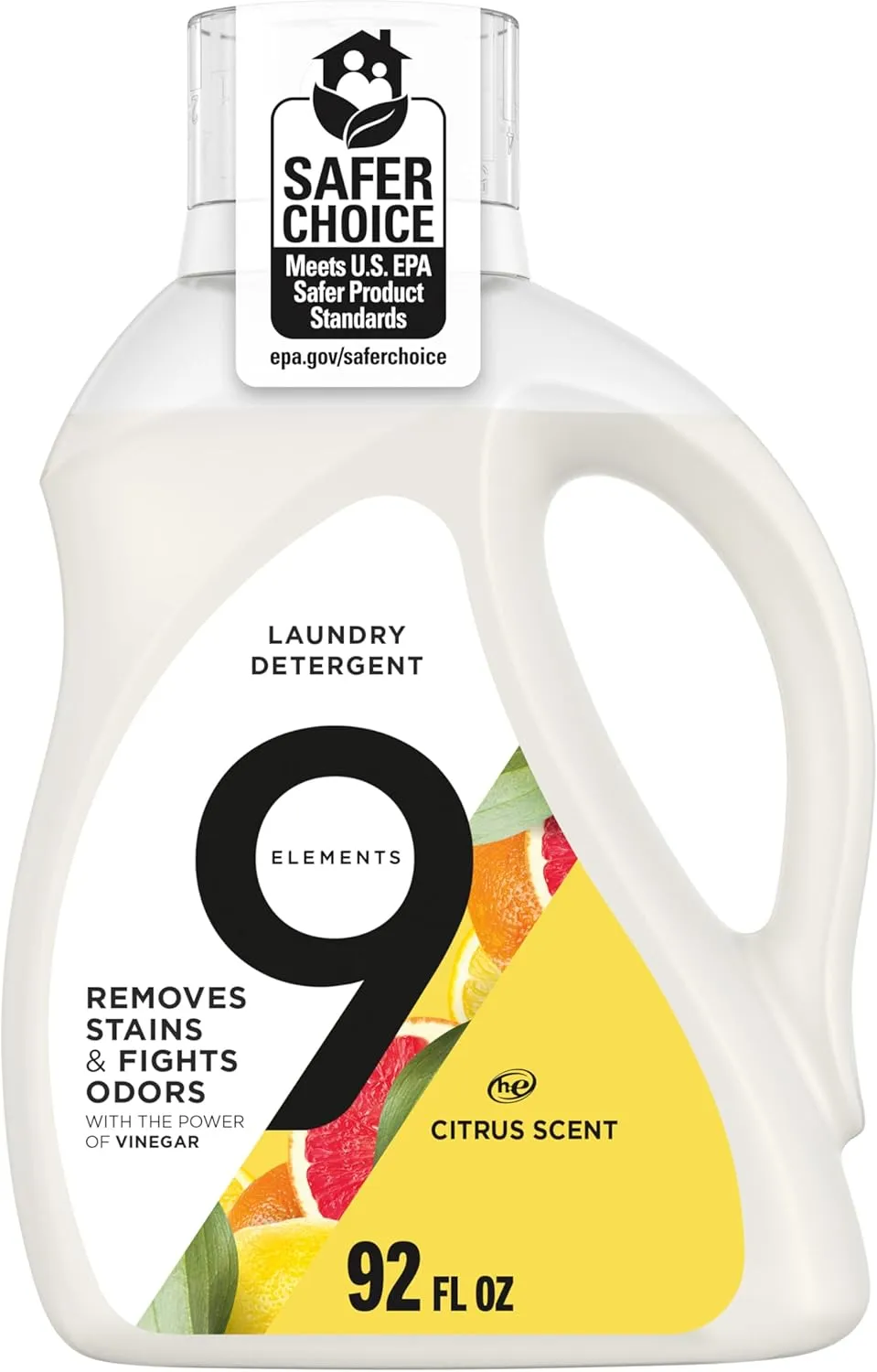 9 Elements Natural Laundry Detergent Liquid Soap, Citrus Scent, Vinegar Powered, 92 Fl Oz, 1 Count, Laundry Detergent Liquid, Washing Detergent