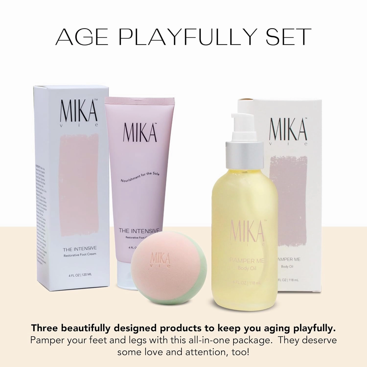 Age Playfully Bundle 3-Piece Luxury Gift Bundle for Women | Organic Body Oil Foot Lotion for Dry Cracked Feet Massage Ball for Feet and Muscle | Gift Idea for Women Over 40, Girlfriends | Clean Beauty