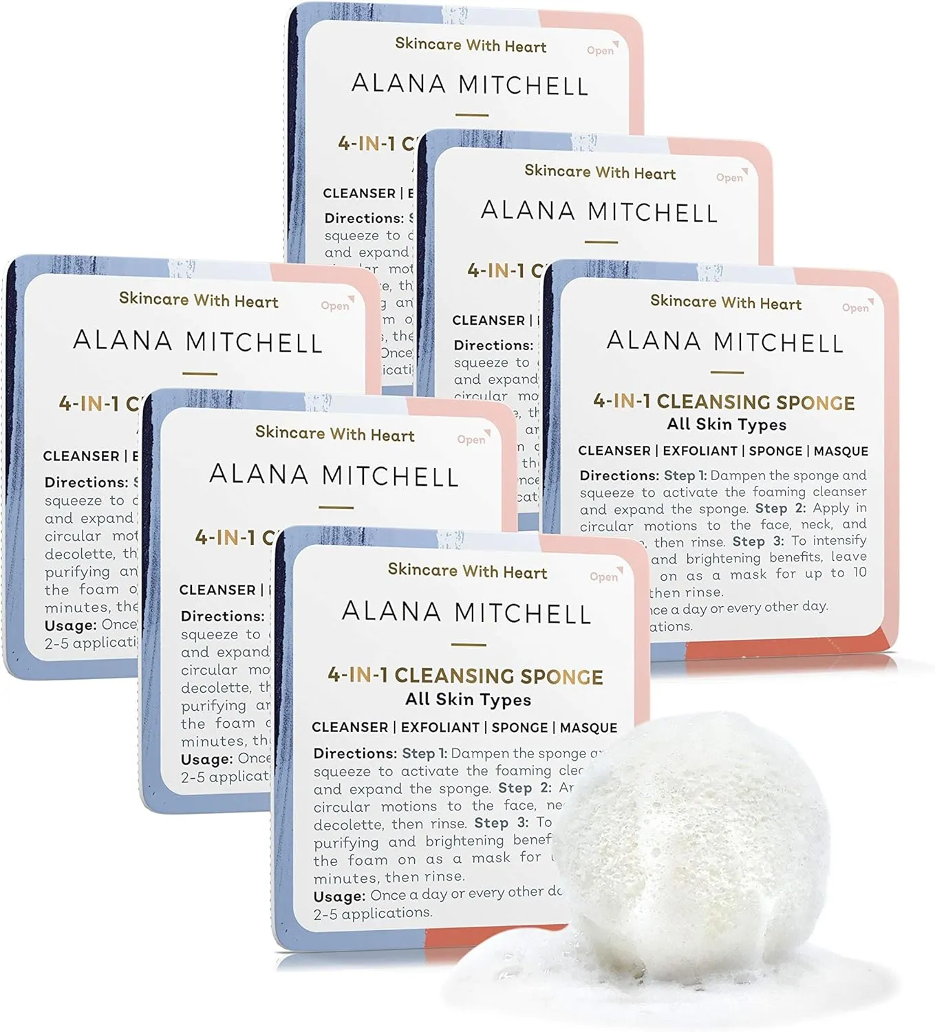 Alana Mitchell Cleansing Facial Sponges – 4-in-1 Face Exfoliator Sponge w/Facial Cleanser to Deep Clean Pores, Remove Makeup – Reusable Face Sponge – Face Cleanser for Glowing Complexion (6-Pack)