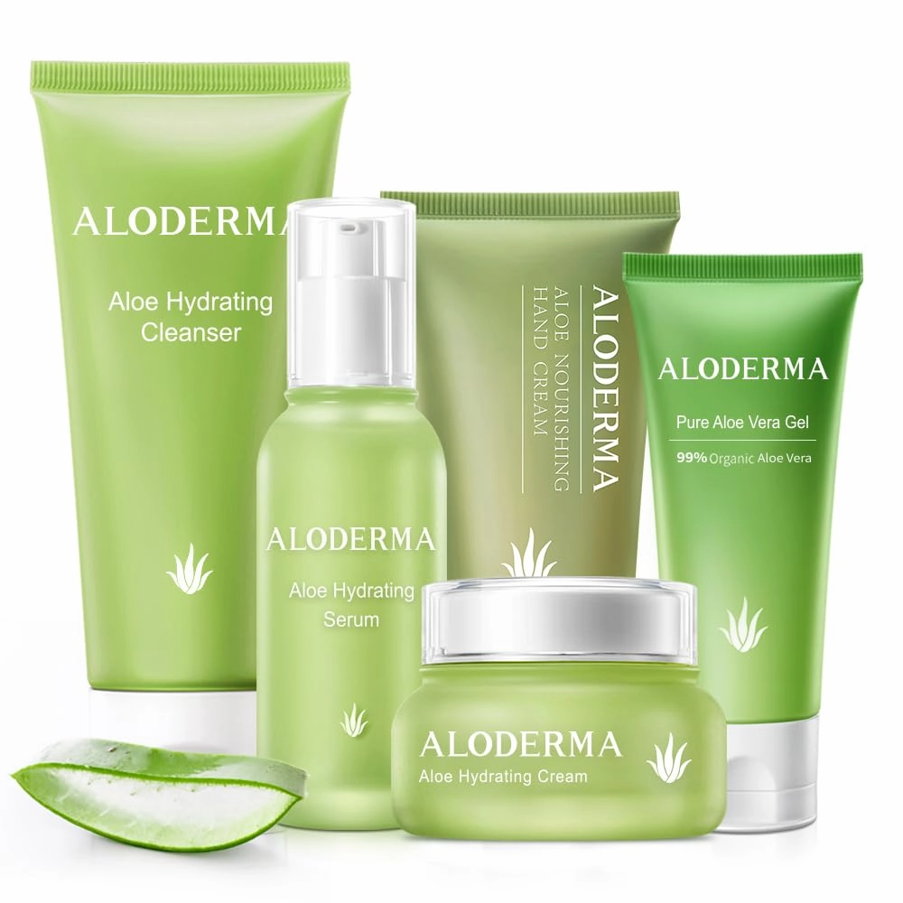 Aloderma Travel Size Hydrating Set - 5 Pieces - Gel, Cream, Serum, Cleanser, Hand Cream