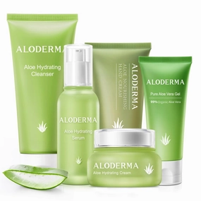 Aloderma Travel Size Hydrating Set - 5 Pieces - Gel, Cream, Serum, Cleanser, Hand Cream