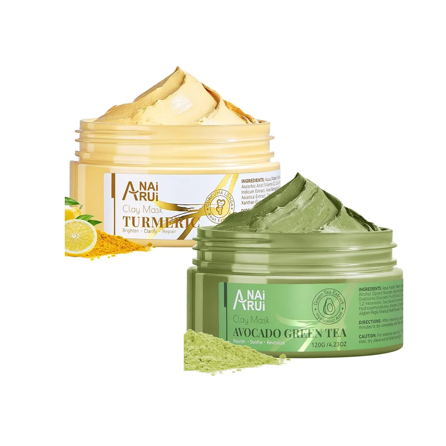 ANAI RUI Facial Clay Mask Set with Tumeric Face Mask   Avocado Mask for Refing Pores, Smooth Skin, Radiance