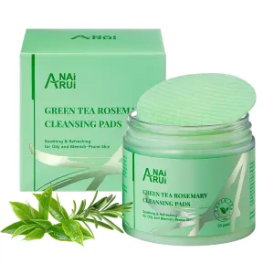 ANAI RUI Green Tea Rosemary Cleansing Pads with CICA Tea Tree Oil, Face Scrub Pads with Bubbles, Exfoliating Deep Cleansing Pad for Face and Body, Make-up Remover Wipes, 50pcs