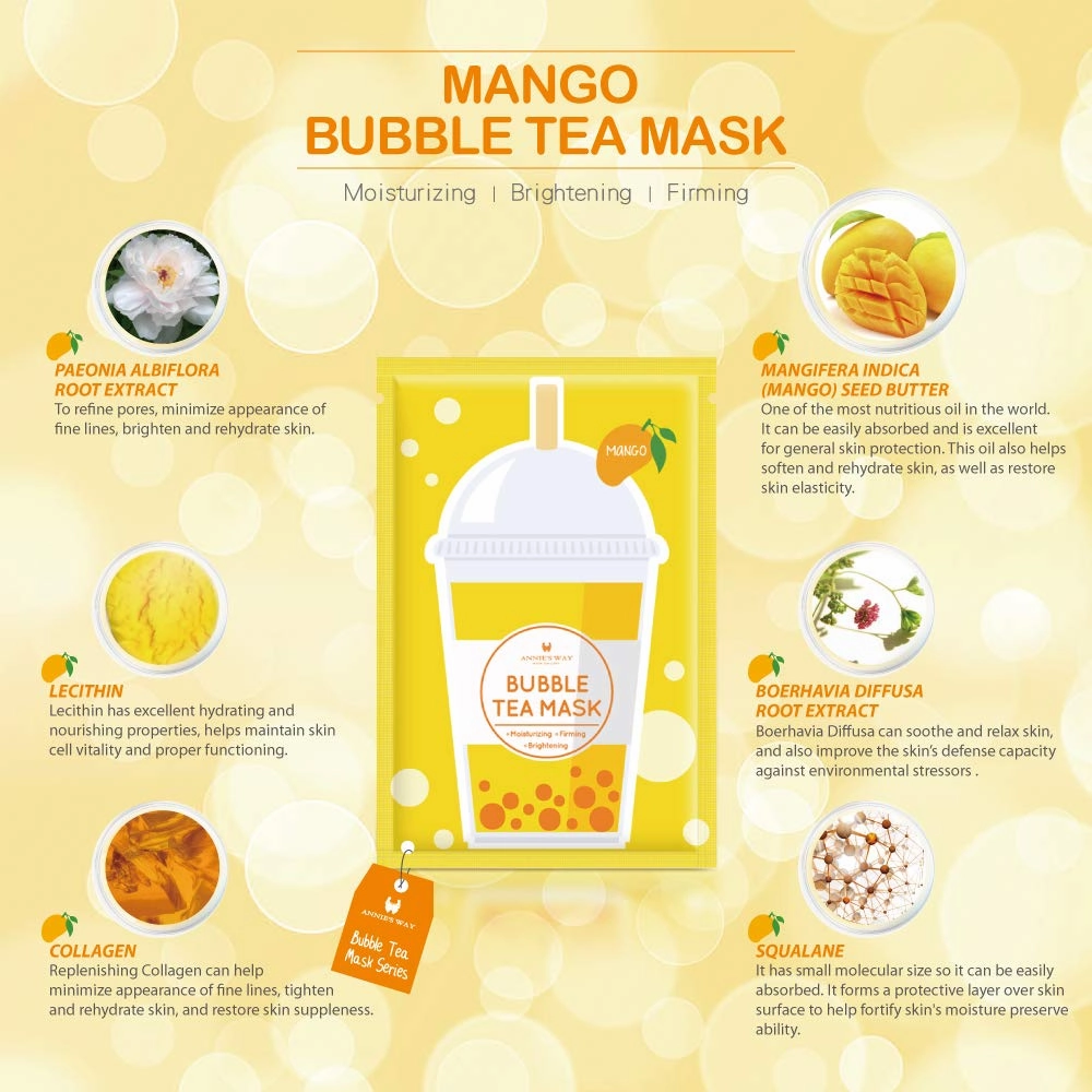 ANNIE'S WAY Taiwan Made Bubble Tea Scent Face Facial Mask Sheet, Soothing, Moisturizing, Hydrating, Brightening, Oil-Balancing Control Suitable for All Skin Conditions - Pack of 5 (Mango)