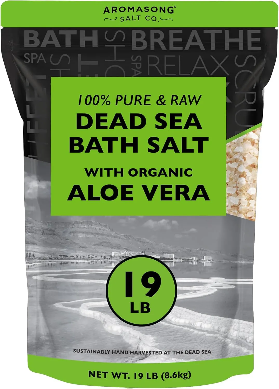 Armasong 19 lbs RAW Dead Sea Salt with Organic Aloe Vera, not Cleaned, Still Contains All Dead sea Minerals Including Dead sea Mud, Fine Medium Grain Large resealable Bulk Pack - Packaging May Vary