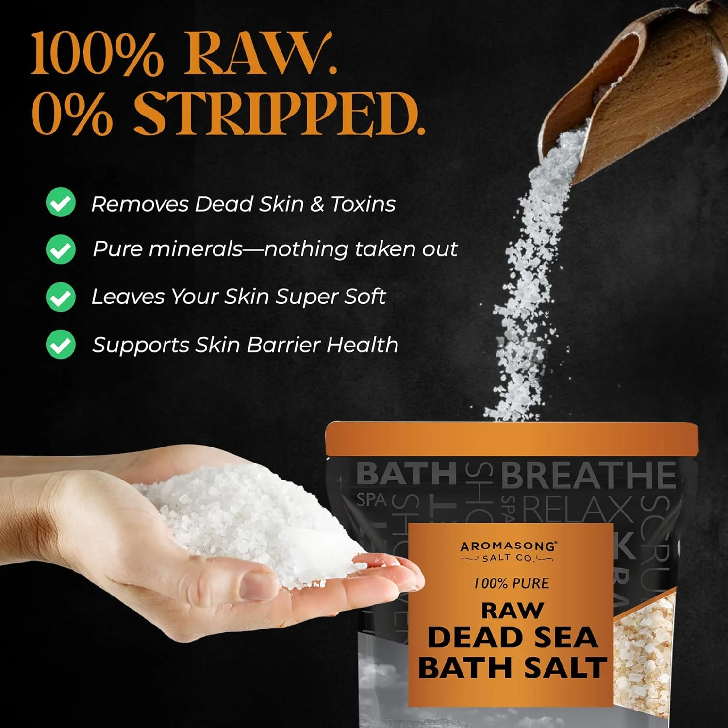 Aromasong 5 lbs Raw Dead Sea Salt - Contains All Dead sea Minerals Including Dead sea Mud - Fine Medium Grain Bath Salt Large resealable Bulk Pack (Packaging May Vary)
