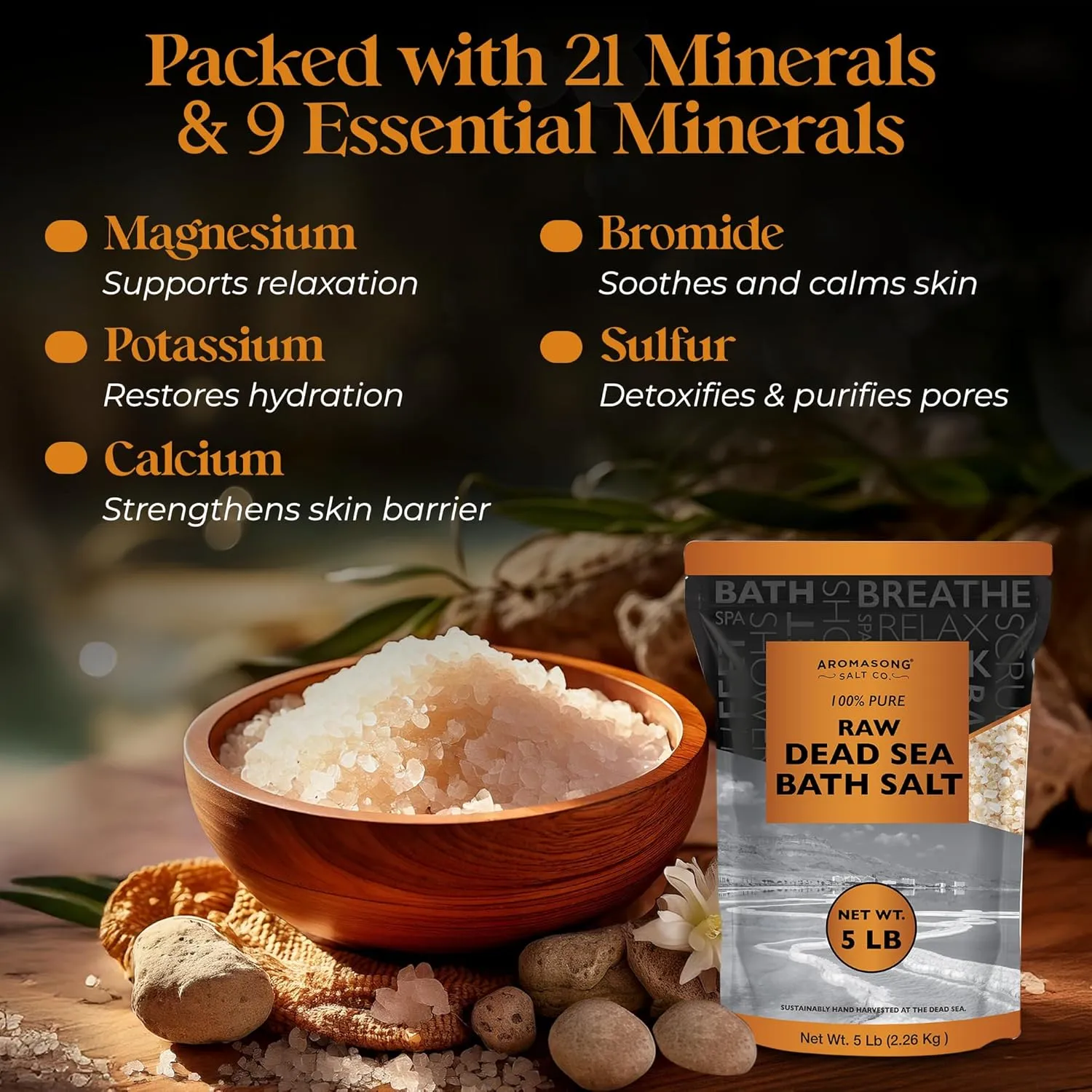 Aromasong 5 lbs Raw Dead Sea Salt - Contains All Dead sea Minerals Including Dead sea Mud - Fine Medium Grain Bath Salt Large resealable Bulk Pack (Packaging May Vary)