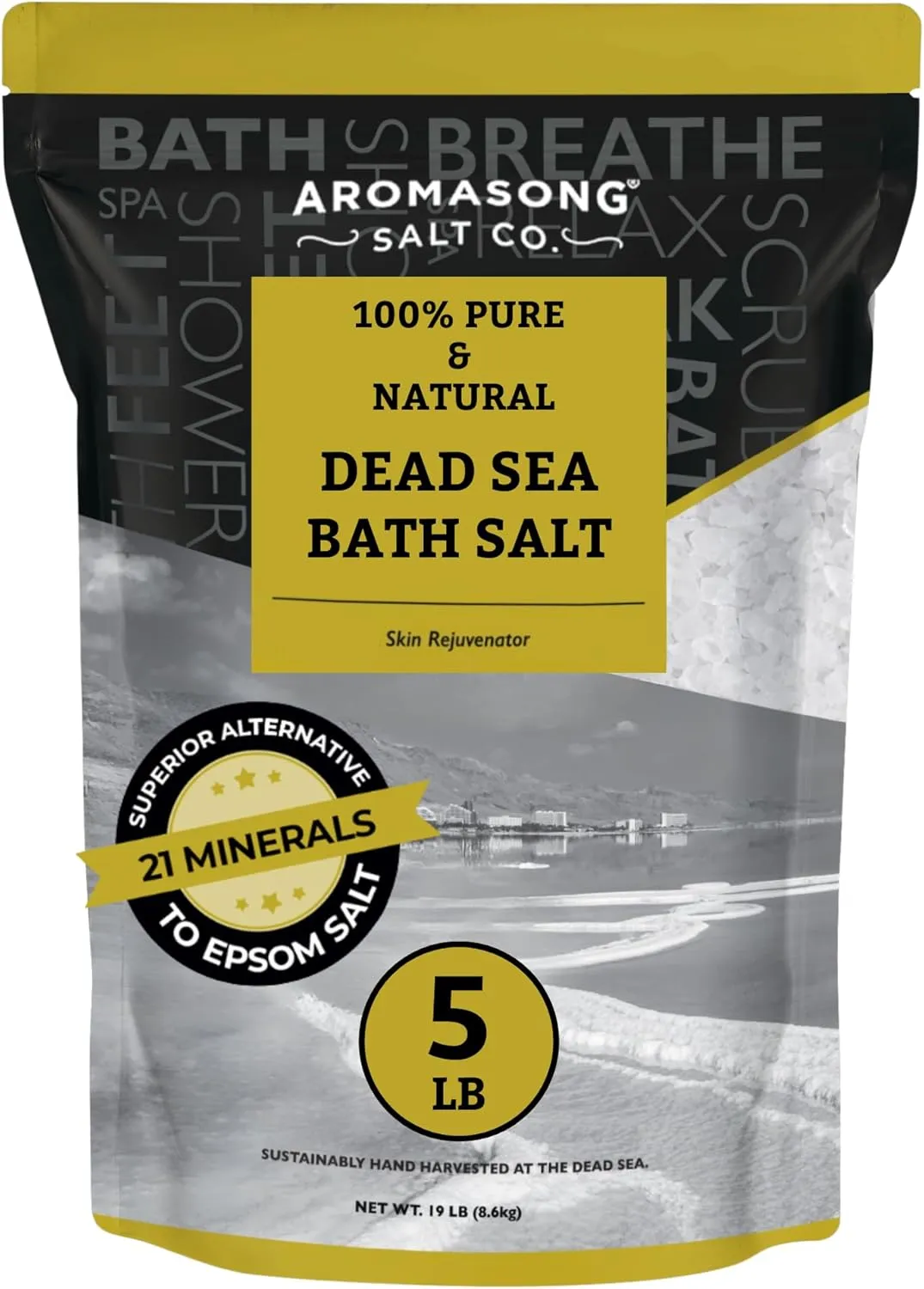 Aromasong Dead Sea Bath Salt - 100% Pure & Natural Dead Sea Salts for Soaking Fine Grain 5 LB - Bulk Resealable Pack (Packaging May Vary) Used for Body wash Scrub - Soak for Women & Men.