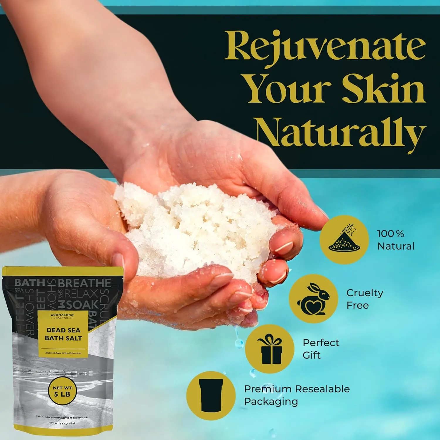 Aromasong Dead Sea Bath Salt - 100% Pure & Natural Dead Sea Salts for Soaking Fine Grain 5 LB - Bulk Resealable Pack (Packaging May Vary) Used for Body wash Scrub - Soak for Women & Men.