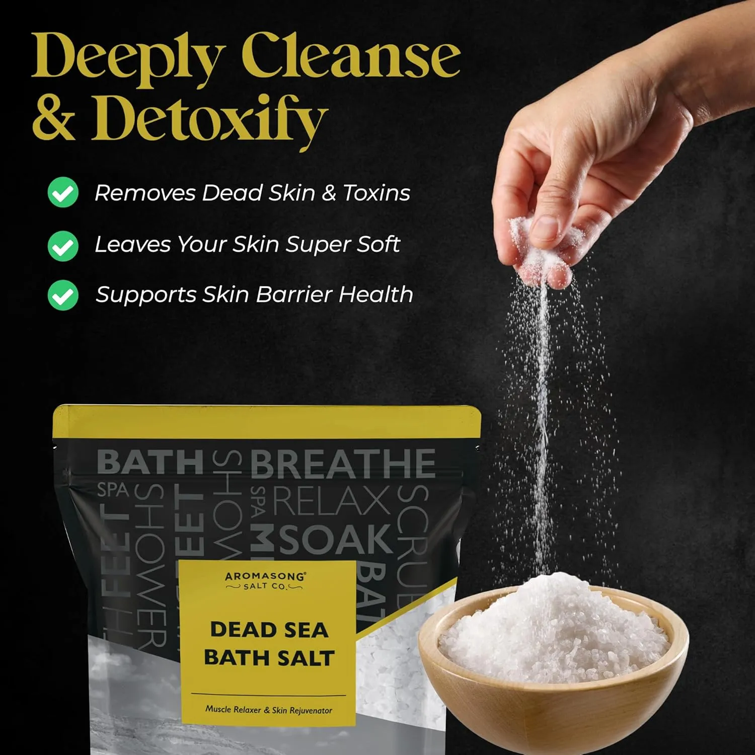 Aromasong Dead Sea Bath Salt - 100% Pure & Natural Dead Sea Salts for Soaking Fine Grain 5 LB - Bulk Resealable Pack (Packaging May Vary) Used for Body wash Scrub - Soak for Women & Men.