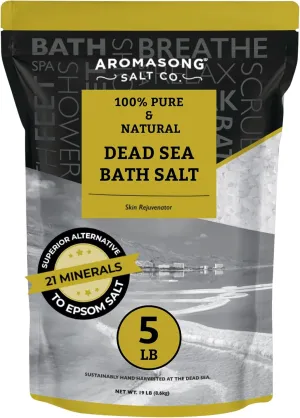 Aromasong Dead Sea Bath Salt - 100% Pure & Natural Dead Sea Salts for Soaking Fine Grain 5 LB - Bulk Resealable Pack (Packaging May Vary) Used for Body wash Scrub - Soak for Women & Men.