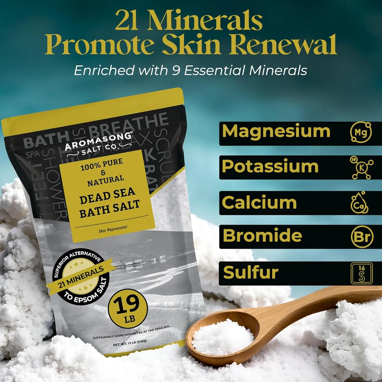 Aromasong Dead Sea Salt - Spa Bath Salt - 19 Lbs Fine Grain Bulk - 100% Pure - Better Absorbing Than Epsom Salt - Soak for Women & Men for Skin Issues and to Relax Tired Muscles - Resealable Pack.