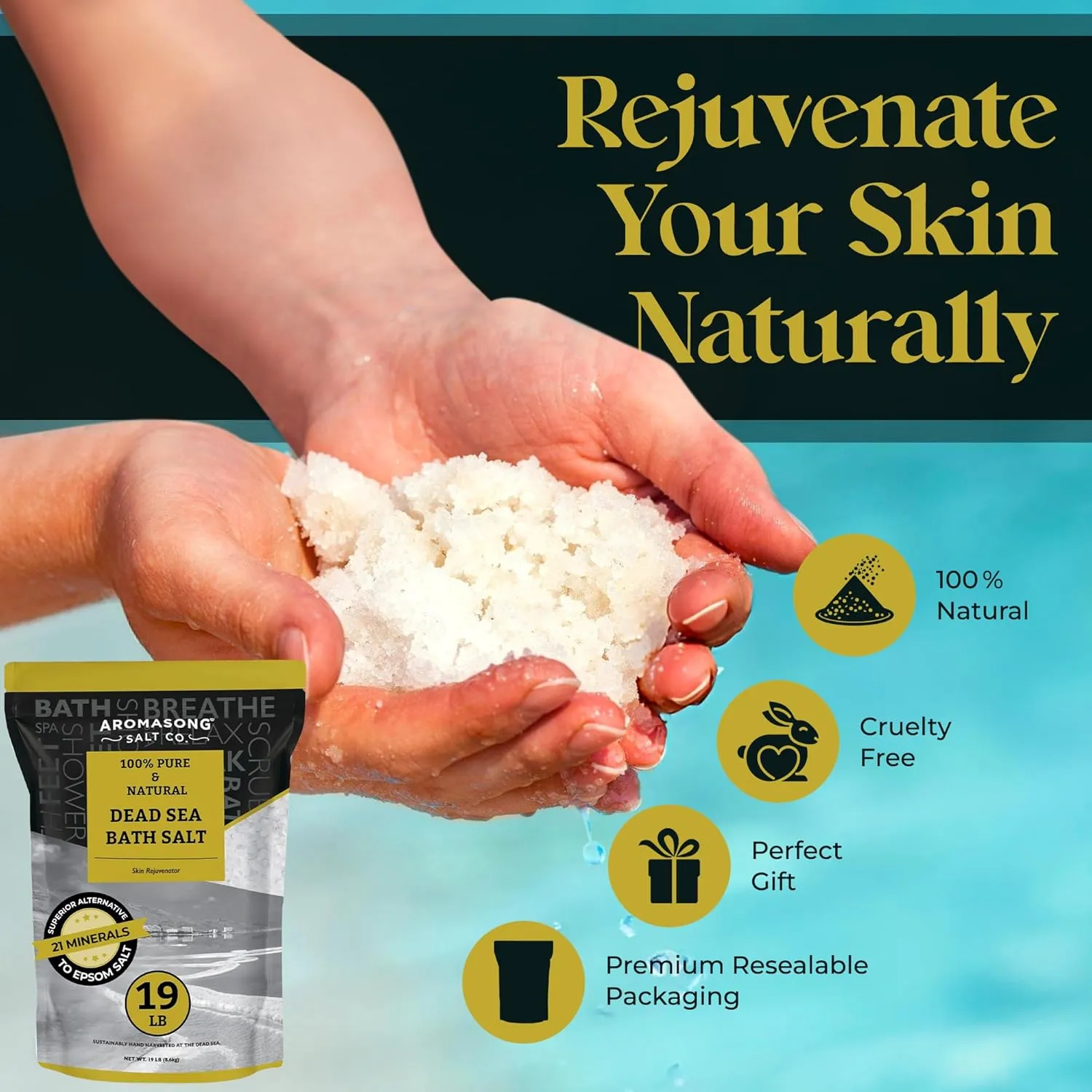 Aromasong Dead Sea Salt - Spa Bath Salt - 19 Lbs Fine Grain Bulk - 100% Pure - Better Absorbing Than Epsom Salt - Soak for Women & Men for Skin Issues and to Relax Tired Muscles - Resealable Pack.