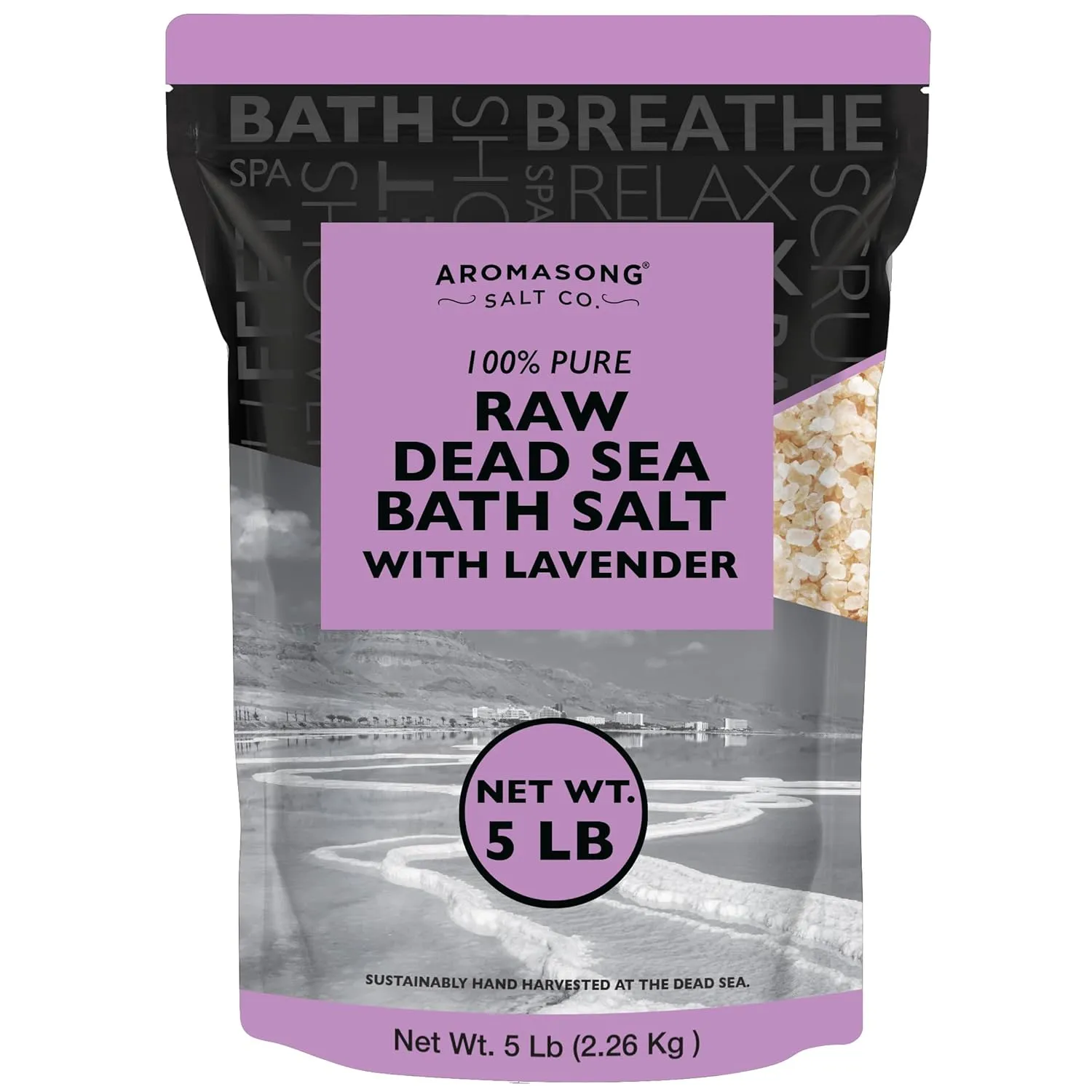 Aromasong RAW Dead Sea Salt with 100% Natural Lavender, 5 Lb, Not Cleaned, Still Contains All Dead Sea Minerals Including Dead Sea Mud, Fine Medium Grain Large Resealable Pack. (Packaging May Vary)