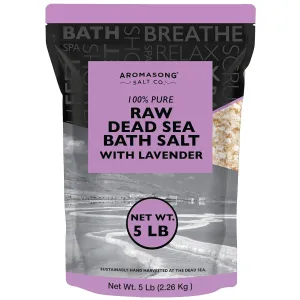 Aromasong RAW Dead Sea Salt with 100% Natural Lavender, 5 Lb, Not Cleaned, Still Contains All Dead Sea Minerals Including Dead Sea Mud, Fine Medium Grain Large Resealable Pack. (Packaging May Vary)