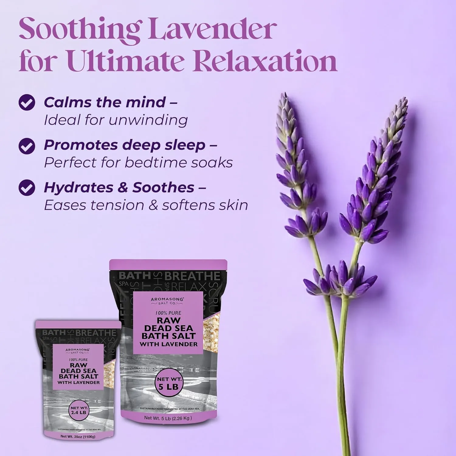 Aromasong RAW Dead Sea Salt with 100% Natural Lavender, 5 Lb, Not Cleaned, Still Contains All Dead Sea Minerals Including Dead Sea Mud, Fine Medium Grain Large Resealable Pack. (Packaging May Vary)