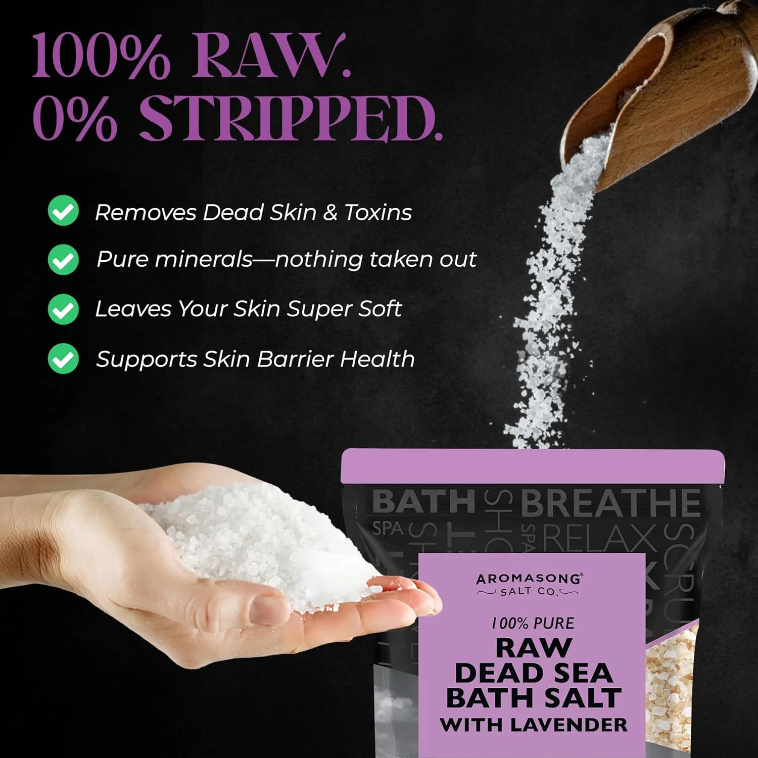 Aromasong RAW Dead Sea Salt with 100% Natural Lavender, 5 Lb, Not Cleaned, Still Contains All Dead Sea Minerals Including Dead Sea Mud, Fine Medium Grain Large Resealable Pack. (Packaging May Vary)
