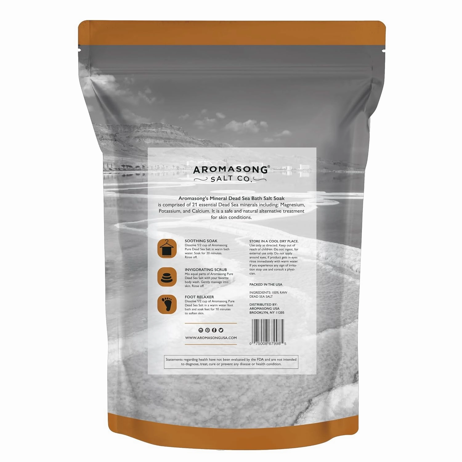 Aromasong All-Natural 2.43 Lb Raw Dead Sea Salt, Fine Medium Grain, Resealable Bulk Pack, Better Absorption & Leaves Your Skin Softer Than Epsom Salt (Packaging May Vary)