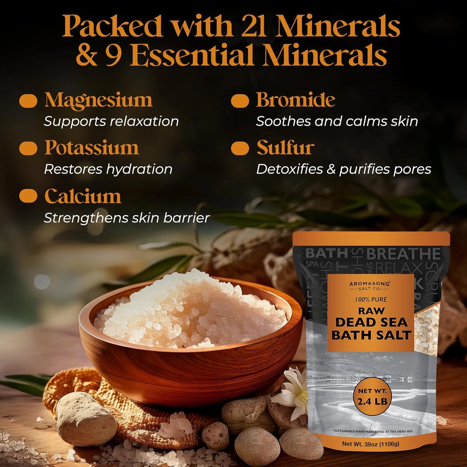Aromasong All-Natural 2.43 Lb Raw Dead Sea Salt, Fine Medium Grain, Resealable Bulk Pack, Better Absorption & Leaves Your Skin Softer Than Epsom Salt (Packaging May Vary)